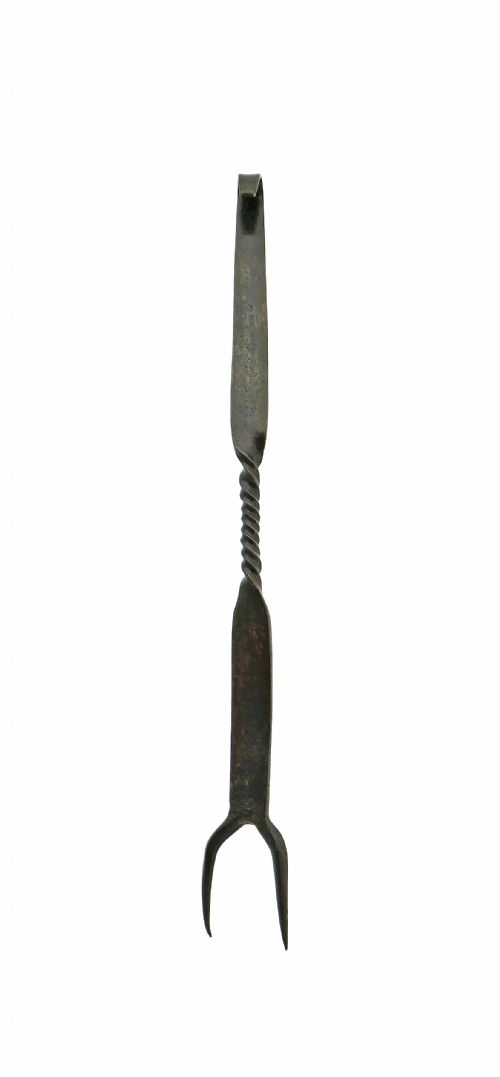 antique early metalware 18thc iron meat fork with barley twist decoration continental c175070 - CATEGORY: ANTIQUE METAL - DATED 18TH CENTURY