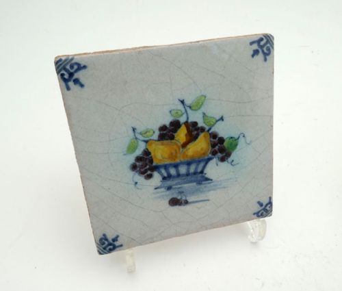 ANTIQUE 18THC FOUR POLYCHROME DELFT TILES HAND PAINTED WITH FRUIT DUTCH C177090 - ADDITIONAL PHOTO 1