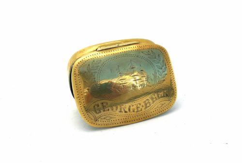 antique metalware 19thc brass sailor's snuff box with ship engraving english c186080 - CATEGORY: ANTIQUE METAL - DATED 19TH CENTURY