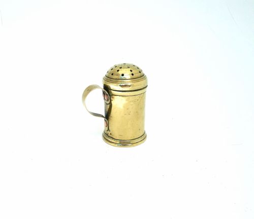 antique metalware 18thc brass small lidded dredger spice pot english c176080 - CATEGORY: ANTIQUE METAL - DATED 18TH CENTURY