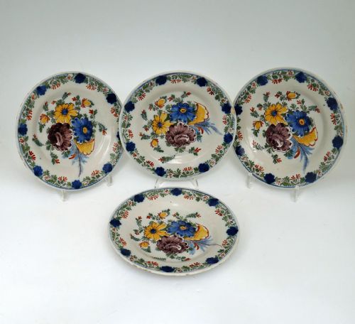 antique early pottery four 18thc polychrome delft plates dutch c176070 - CATEGORY: ANTIQUE PLATES - DATED 18TH CENTURY