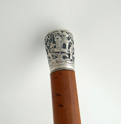 ANTIQUE 19THC WALKING STICK CANE WITH ENGRAVED SILVER TOPPED ORIENTAL HANDLE ENGLISH C187090 - ADDITIONAL PHOTO 3