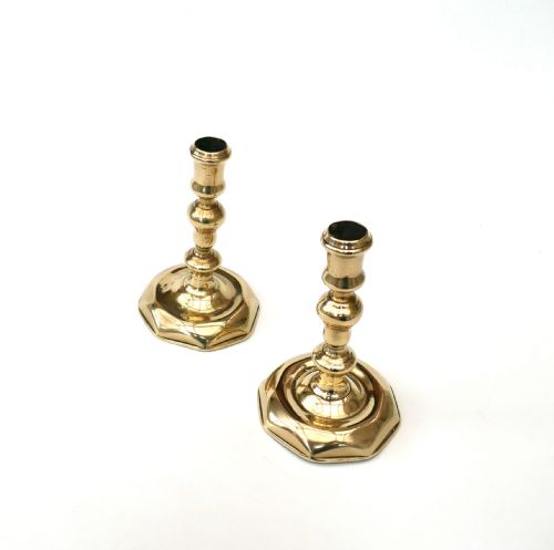 antique early metalware 18thc brass pair of queen anne candlesticks english c171014 - CATEGORY: ANTIQUE LIGHTING - DATED 18TH CENTURY