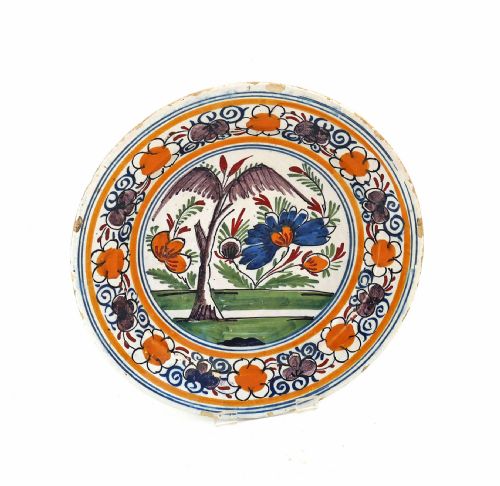 antique pottery 18thc single delft charger with floral patterns dutch c176070 - CATEGORY: ANTIQUE CERAMICS - DATED 18TH CENTURY