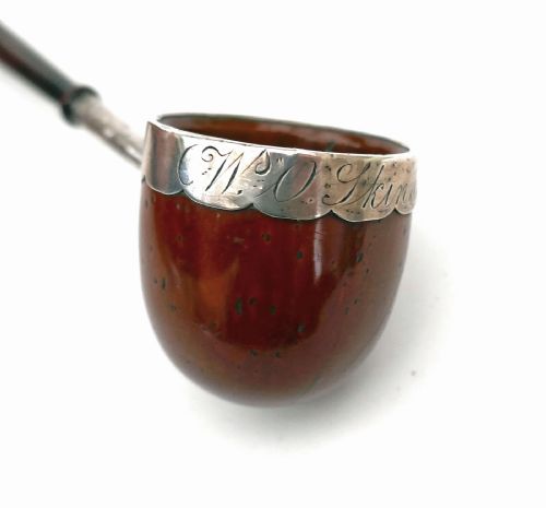 ANTIQUE TREEN 19THC COQUILLA NUT SILVER BANDED TODDY LADLE ENGRAVED WO SKINNER ENGLISH C186080 - ADDITIONAL PHOTO 1