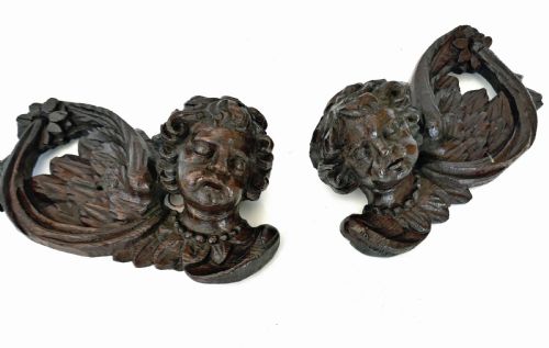 ANTIQUE EARLY CARVINGS PAIR OF 17THC OAK WINGED CHERUBS FLEMISH C1660 - ADDITIONAL PHOTO 3