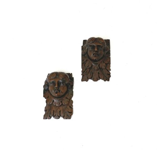 antique early carvings 17thc pair of carved walnut cherub heads french c166080 - CATEGORY: ANTIQUE MISCELLANEOUS - DATED 17TH CENTURY