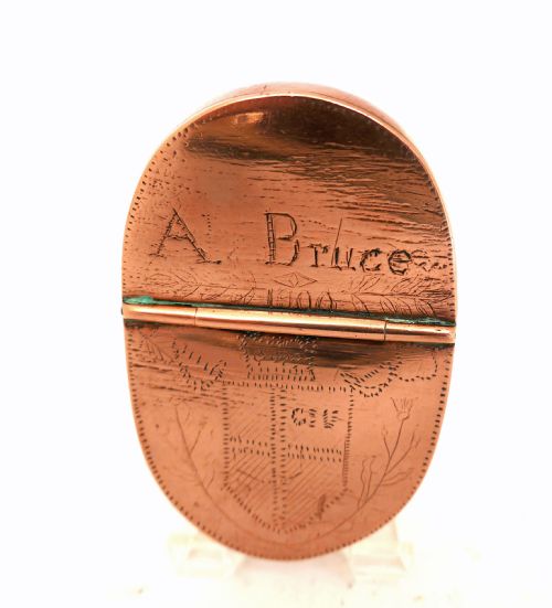 antique early metalware 19thc copper dated engraved snuff box possibly scottish c1800 - CATEGORY: ANTIQUE BOXES - DATED 19TH CENTURY