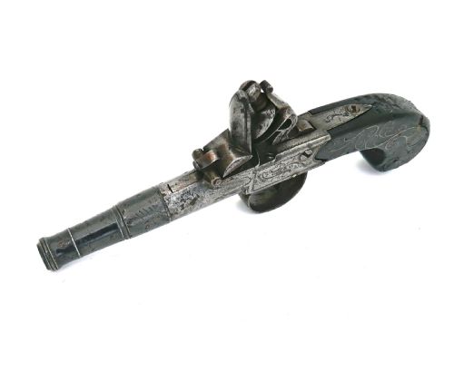 ANTIQUE 18THC FLINTLOCK PISTOL WITH CANNON BARREL SILVER WIRE INLAY ENGLISH C171014 - ADDITIONAL PHOTO 3
