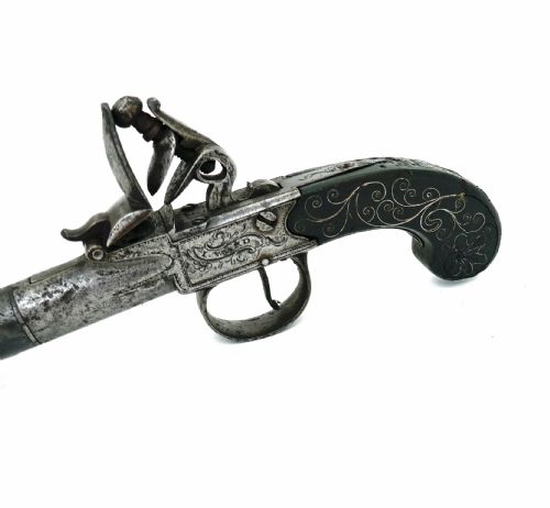 ANTIQUE 18THC FLINTLOCK PISTOL WITH CANNON BARREL SILVER WIRE INLAY ENGLISH C171014 - ADDITIONAL PHOTO 4