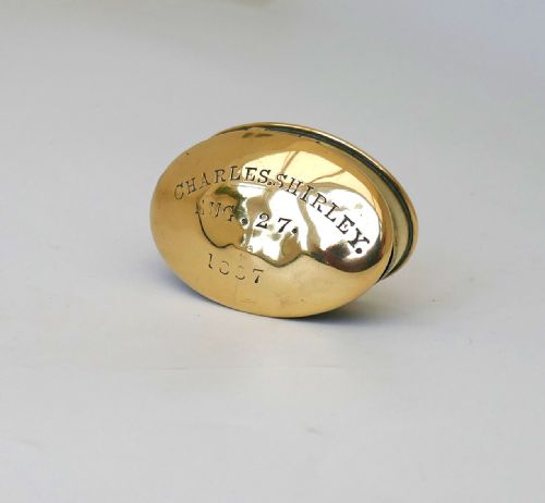 antique 19thc single brass miners snuff box engraved charles shirley aug 27 1887 - CATEGORY: ANTIQUE BOXES - DATED 19TH CENTURY