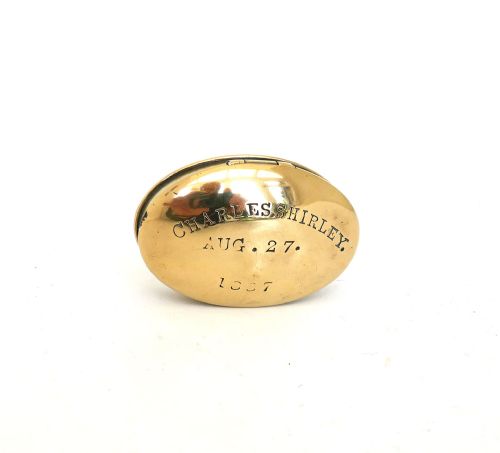 ANTIQUE 19THC SINGLE BRASS MINERS SNUFF BOX ENGRAVED CHARLES SHIRLEY AUG 27 1887 - ADDITIONAL PHOTO 1