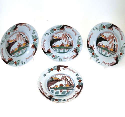 antique early pottery four 18thc polychrome dutch delft plates c176080 - CATEGORY: ANTIQUE PLATES - DATED 18TH CENTURY
