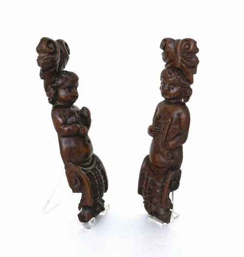antique early carvings pair of 17thc music playing putti caryatids flemish c166080 - CATEGORY: ANTIQUE MISCELLANEOUS - DATED 17TH CENTURY