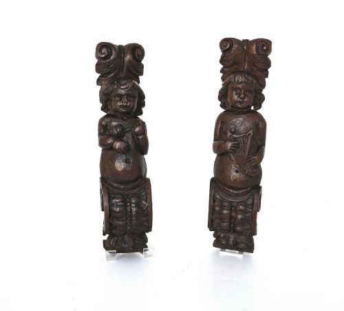 ANTIQUE EARLY CARVINGS PAIR OF 17THC MUSIC PLAYING PUTTI CARYATIDS FLEMISH C166080 - ADDITIONAL PHOTO 4