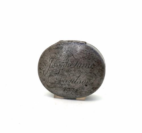 antique early metalware 18thc gentleman's steel snuff box engraved joseph james houlsoe and dated 1774 - CATEGORY: ANTIQUE BOXES - DATED 18TH CENTURY