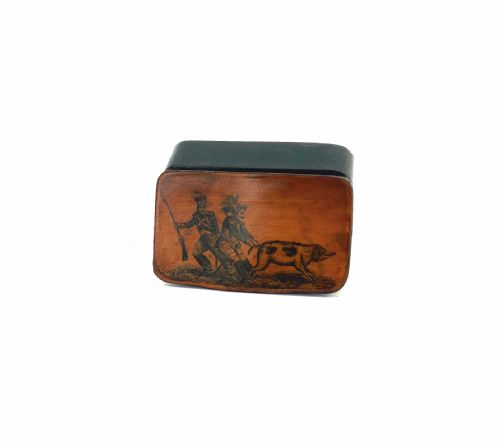 antique treen 19thc paper mache ink decorated humorous snuff box french c180020 - CATEGORY: ANTIQUE BOXES - DATED 19TH CENTURY
