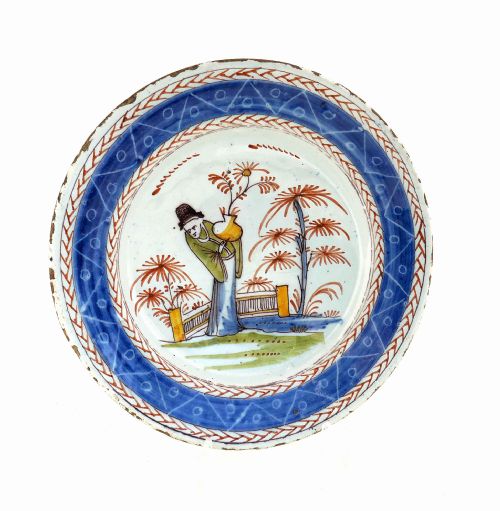 antique early pottery 18thc delft polychrome plate with oriental figure carrying flowers dutch c178090 - CATEGORY: ANTIQUE PLATES - DATED 18TH CENTURY