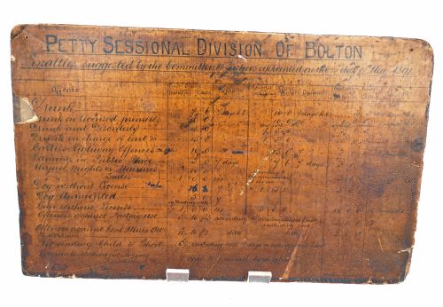 antique early collectables 19thc petty sessional division of bolton penalties board 1891 - CATEGORY: ANTIQUE MISCELLANEOUS - DATED 19TH CENTURY