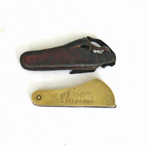 antique early metalware 19thc brass veterinary fleam engraved g lapscomb english c187090 - CATEGORY: ANTIQUE METAL - DATED 19TH CENTURY