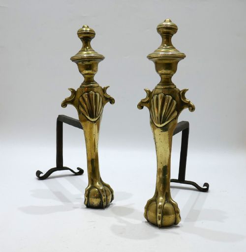 antique early metalware 18thc brass uprights ball claw andirons english c174050 - CATEGORY: ANTIQUE FIREPLACES - DATED 18TH CENTURY