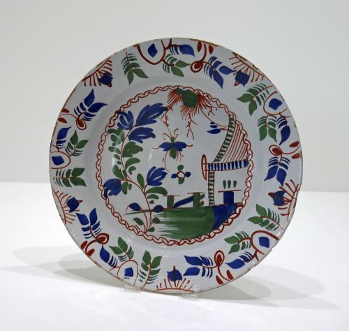 antique early pottery 18thc polychrome single delftware charger english bristol c176080 - CATEGORY: ANTIQUE CERAMICS - DATED 18TH CENTURY
