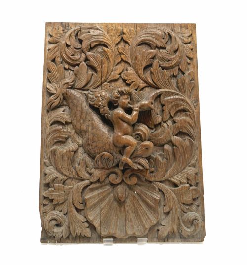 ANTIQUE EARLY CARVING 17THC CARVED PANEL OF A CHERUB RIDING A DOLPHIN BLOWING A CORNUCOPIA DUTCH C164060