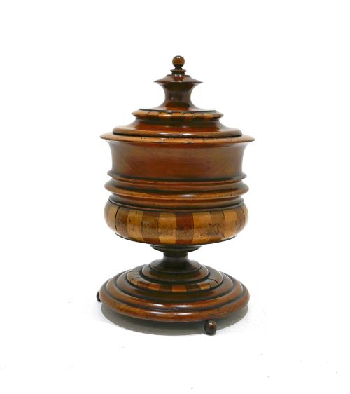 Antique Early Treen 19thc Staved Lidded Tobacco Jar Made of Yew, Walnut & Fruitwood.    Dutch / Scottish C1800-20.