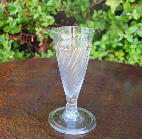 Antique Early Glass Single Mid 18thc Wrythen Ale Glass with Folded Foot.  English C1740-50.