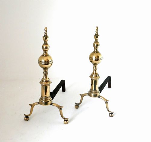 Antique Early Metalware Late 18thc Brass & Iron Andirons. American - New York C1780-c1800