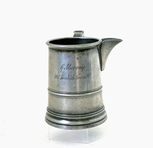 Antique Early Metalware 19thc Pewter Ale Jug Engraved G.murrouy - 160 Kentish Town. Rd.  English C1830-40.
