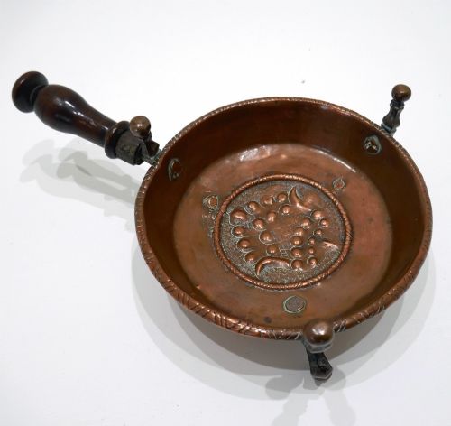 Antique Early Metalware 17thc /18thc Copper Brazier with Fruitwood Turned Handle.  Dutch. C1680-c1720.