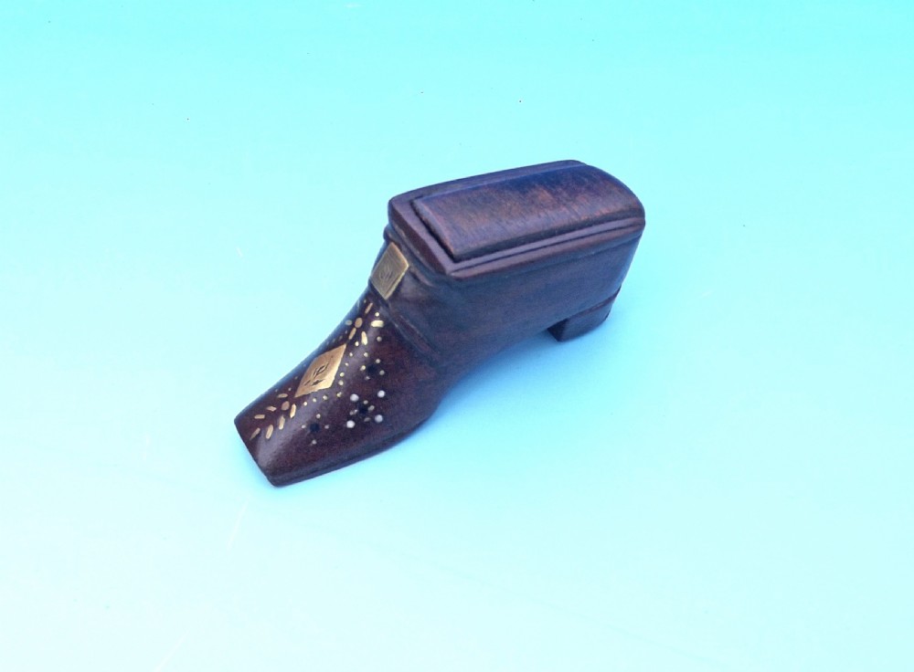 Antique 19th Treen Fruitwood Shoe Snuff With Brass Inlay.    English. C1840-60.