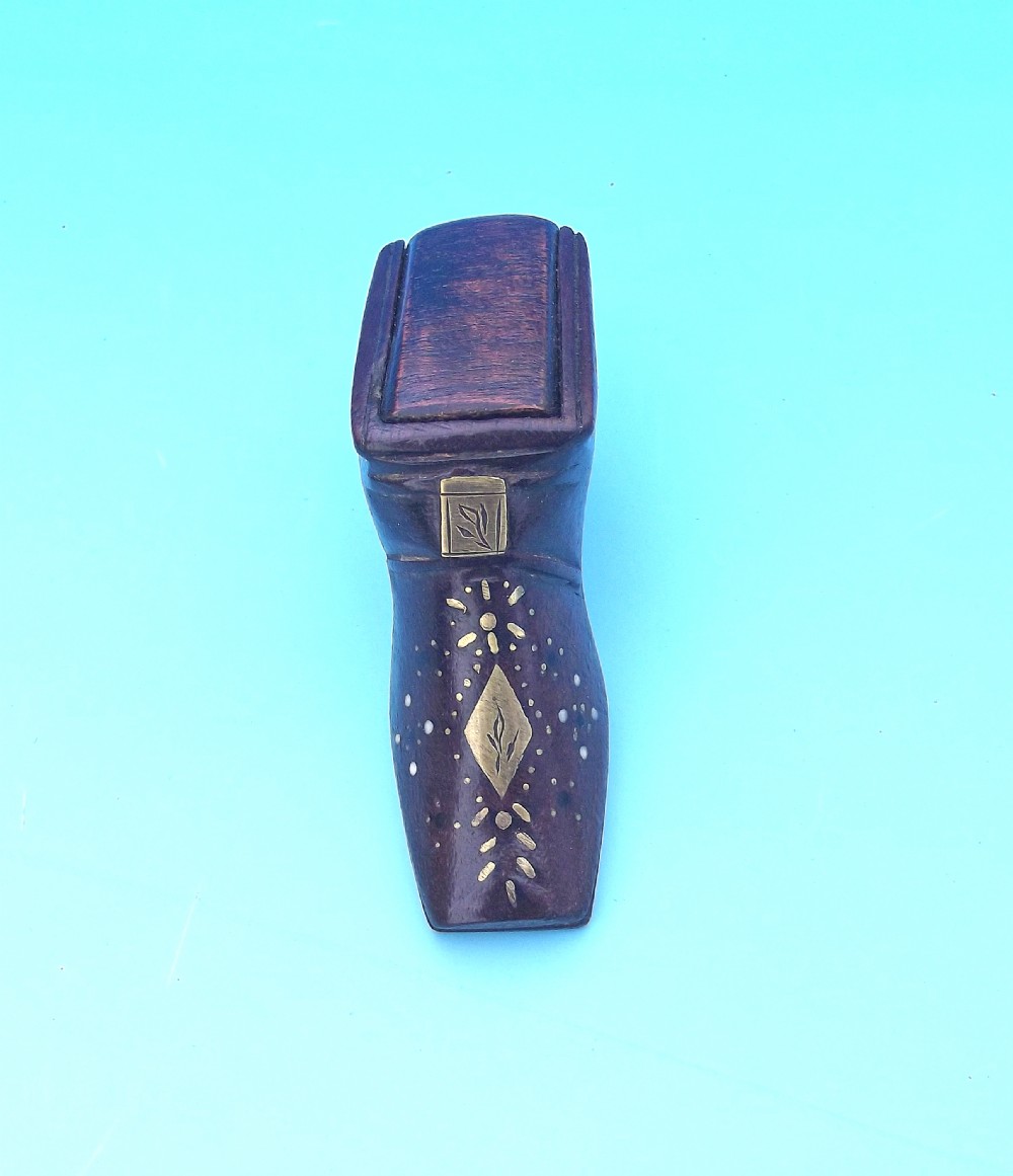 Antique 19th Treen Fruitwood Shoe Snuff With Brass Inlay.    English. C1840-60. View II