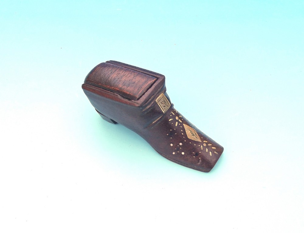 Antique 19th Treen Fruitwood Shoe Snuff With Brass Inlay.    English. C1840-60. View III