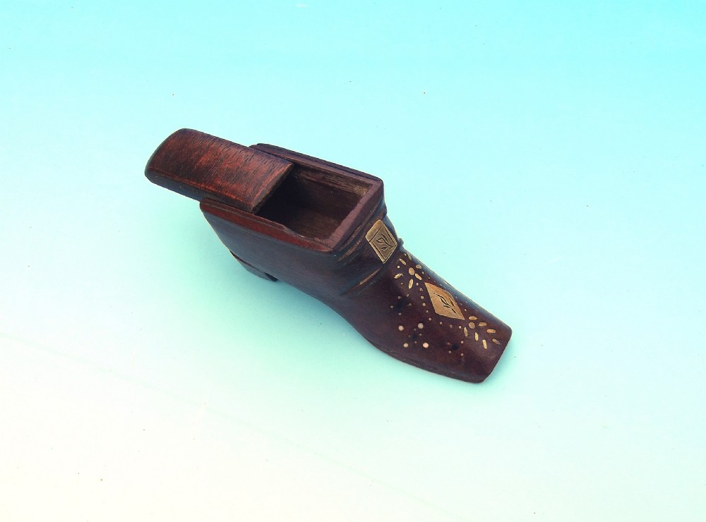 Antique 19th Treen Fruitwood Shoe Snuff With Brass Inlay.    English. C1840-60. View IV