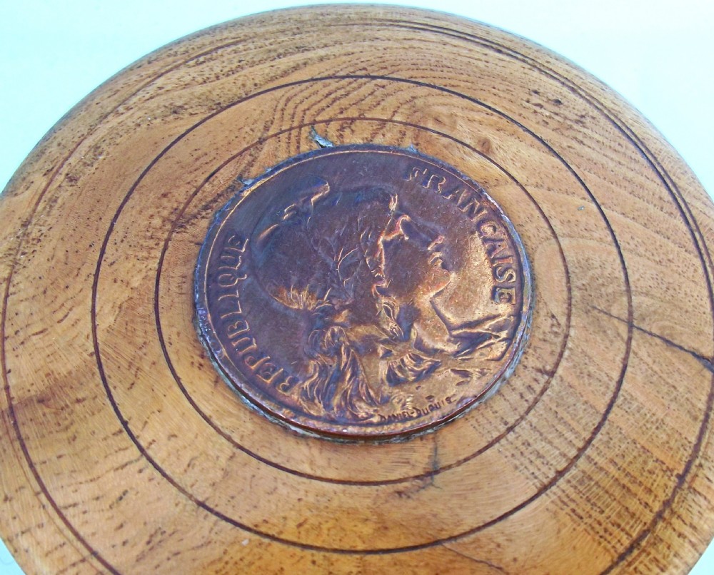 Antique Treen 19thc Elm Snuff Box With French Coin In The Lid.     French C1880-90. View II