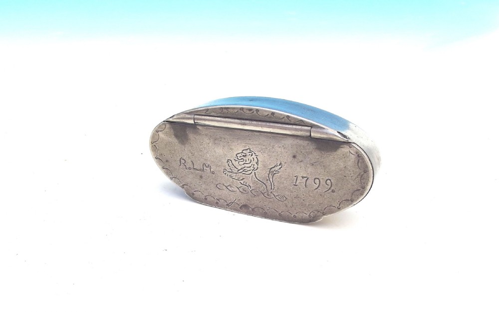 Antique Metalware 18thc Pewter Snuff Box Initialed RLM And Dated 1799.     English 18thc