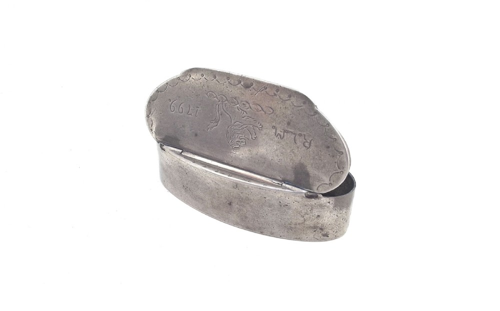 Antique Metalware 18thc Pewter Snuff Box Initialed RLM And Dated 1799.     English 18thc View IV