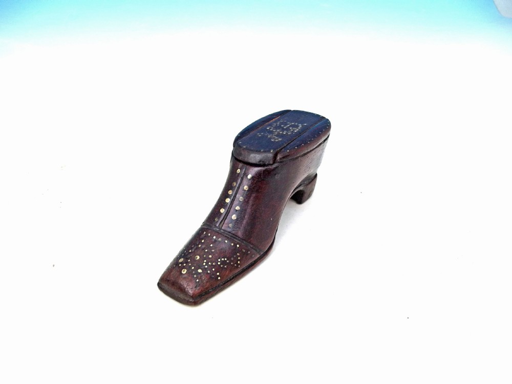 Antique 19thc Treen Mahogany Shoe Snuff Box With Initials H.B.       English C1840-60