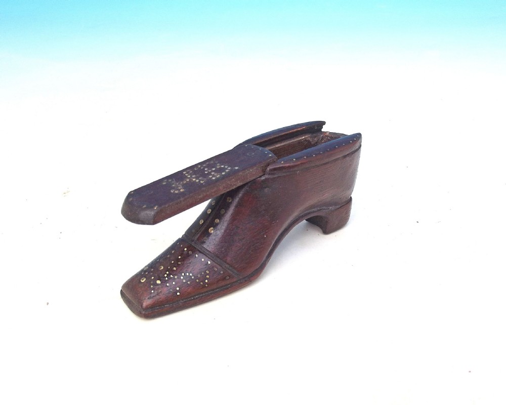 Antique 19thc Treen Mahogany Shoe Snuff Box With Initials H.B.       English C1840-60 View II