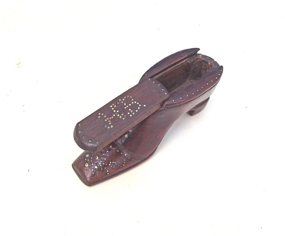 Antique 19thc Treen Mahogany Shoe Snuff Box With Initials H.B.       English C1840-60 View III