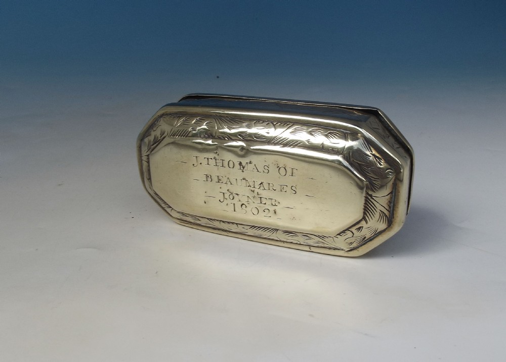 Early Metalware 19thc Brass Tobacco Box Engraved J.Thomas - Welsh, Beaumares 1802 View VI