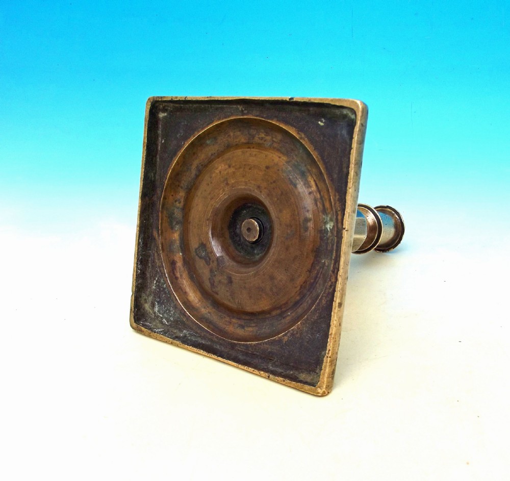 Antique Metalware 17thc Brass Single Candlestick On Square Base. C1650 View II