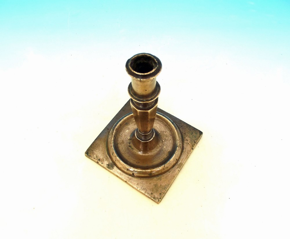Antique Metalware 17thc Brass Single Candlestick On Square Base. C1650 View IV