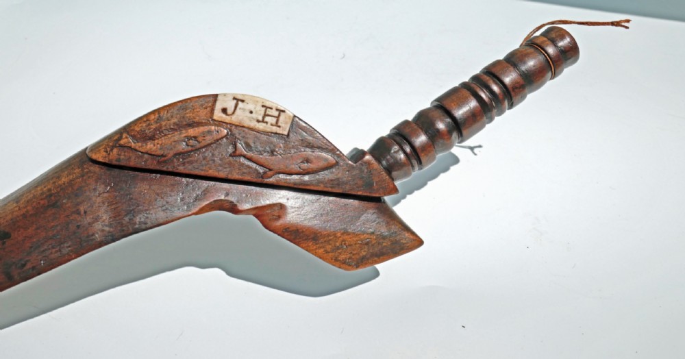 Antique Treen 19thc Gull Wing Knitting Sheath With Carved Fish Decor.  English - Lake District  C1860-80 View II