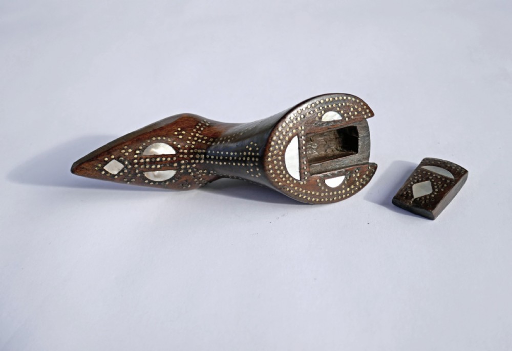 Antique Treen 19thc Mahogany Snuff Shoe Inlaid With Mother Of Pearl.   English  C1840-60. View V