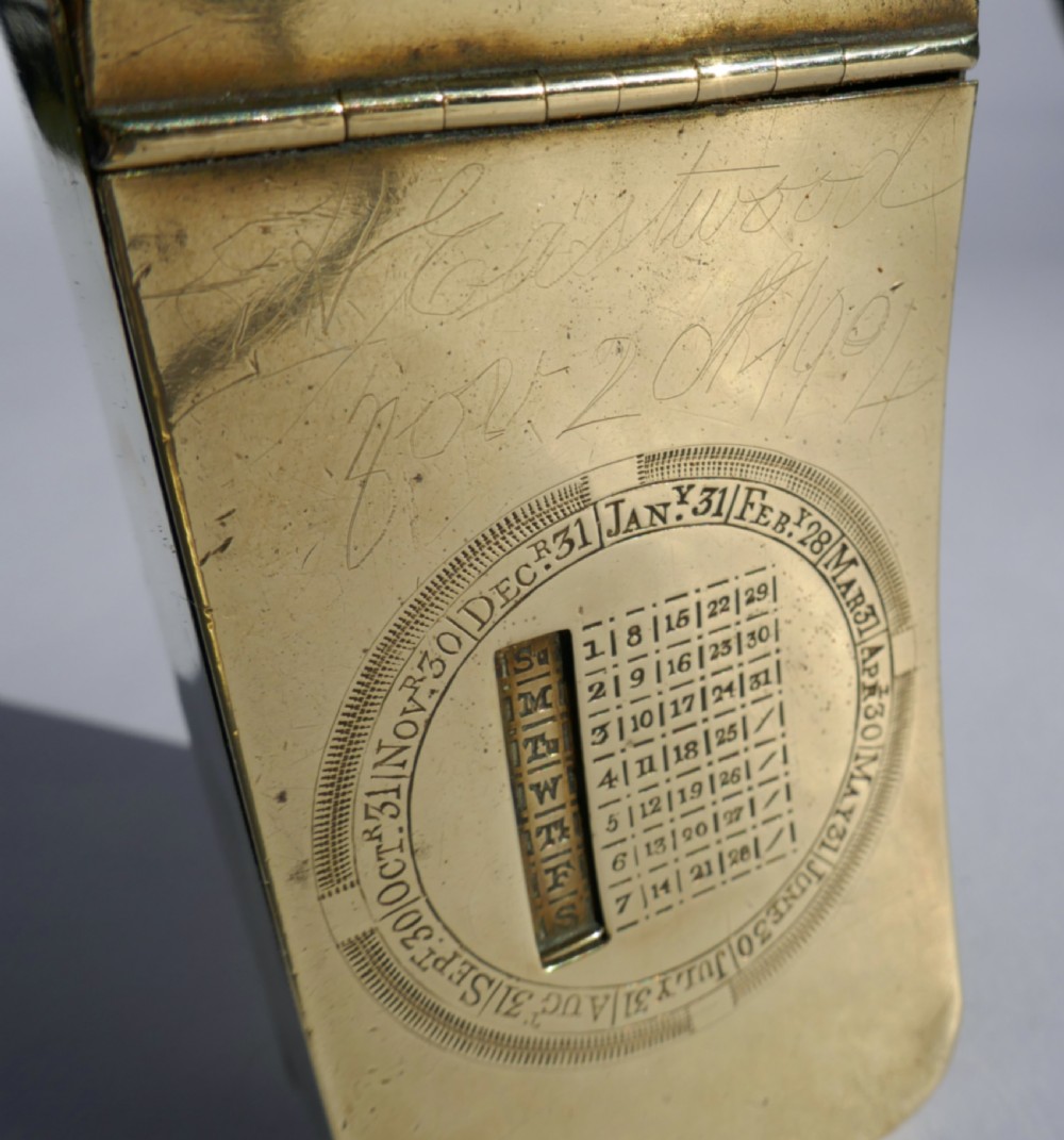 An Early 19thc Brass Snuff Box / Perpetual Calender With Inscription.    English. C1832. View IV