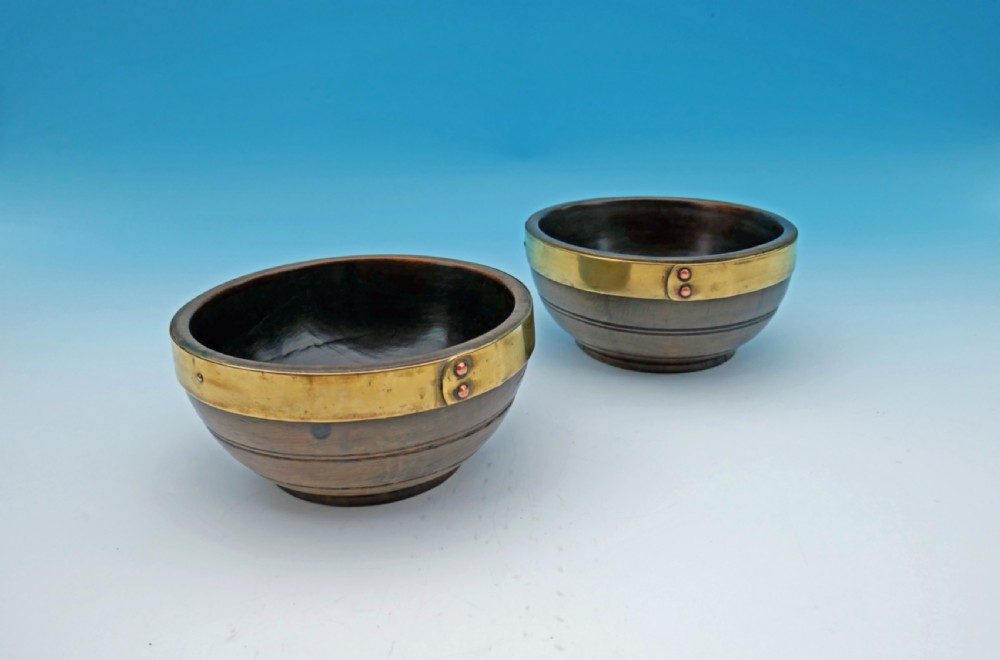 Antique Treen Pair Of 19thc Brass Bound Beech Cawl Bowls.    Welsh C1820-40.