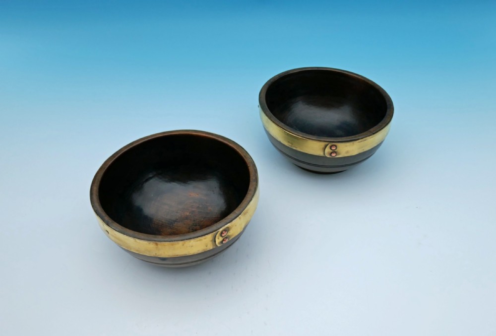 Antique Treen Pair Of 19thc Brass Bound Beech Cawl Bowls.    Welsh C1820-40. View IV